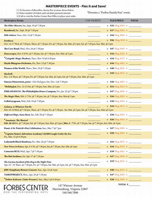 Table listing Masterpiece Events “Flex it and Save” show dates with columns for number of tickets, flex subscriber price, and regular price, plus Forbes Center box office contact information.