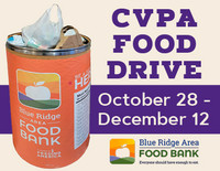 Logo for the CVPA Food Drive featuring a donation can for the Blue Ridge Area Food Bank, with event dates listed as October 28 to December 12.